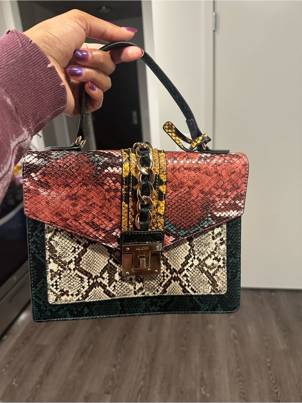 Aldo Colorblock Snake-Print Top Handle Bag in Red, Green, Yellow, and Cream